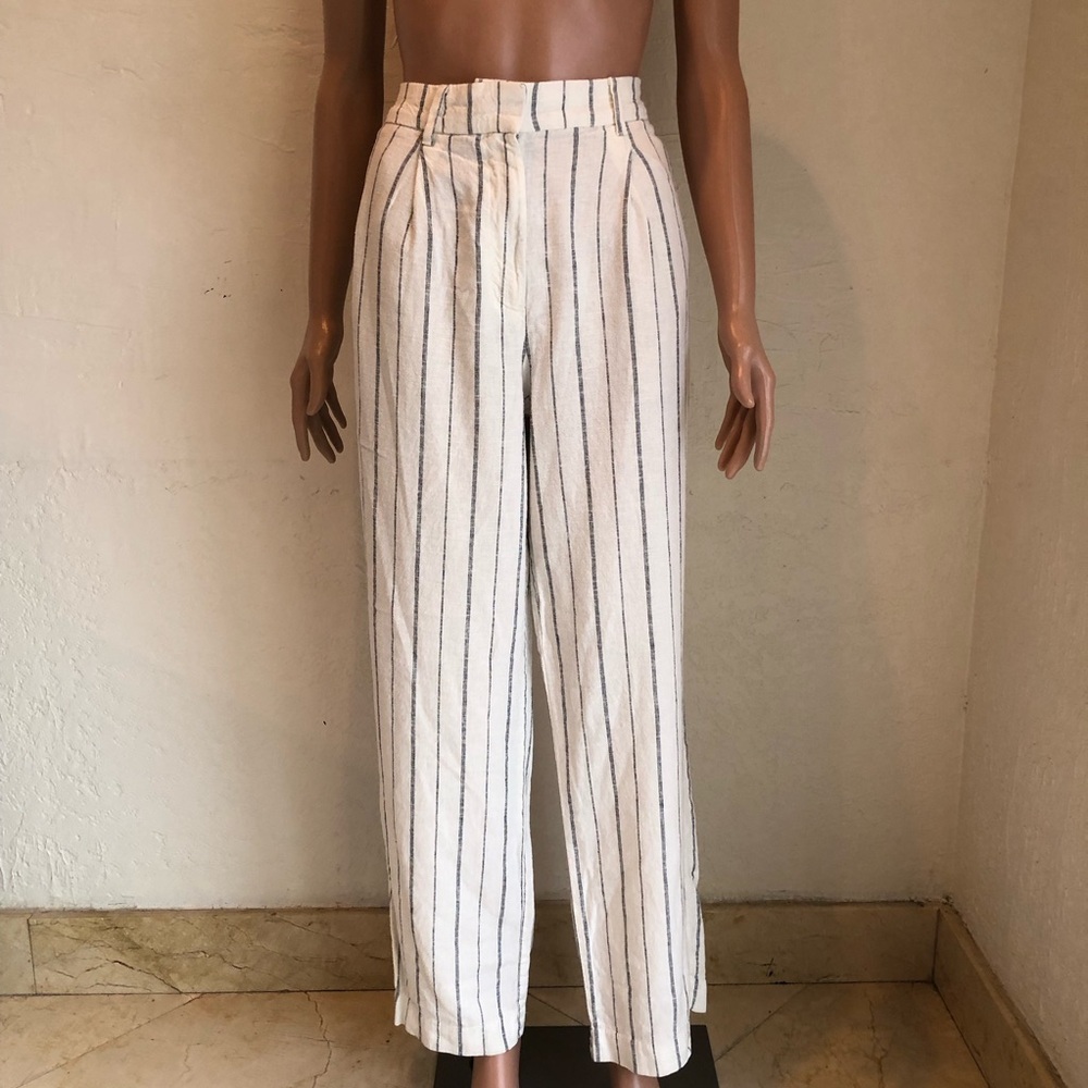 High Waisted Taylor Linen Striped White/ Blue Women's Size M Pants Old Navy